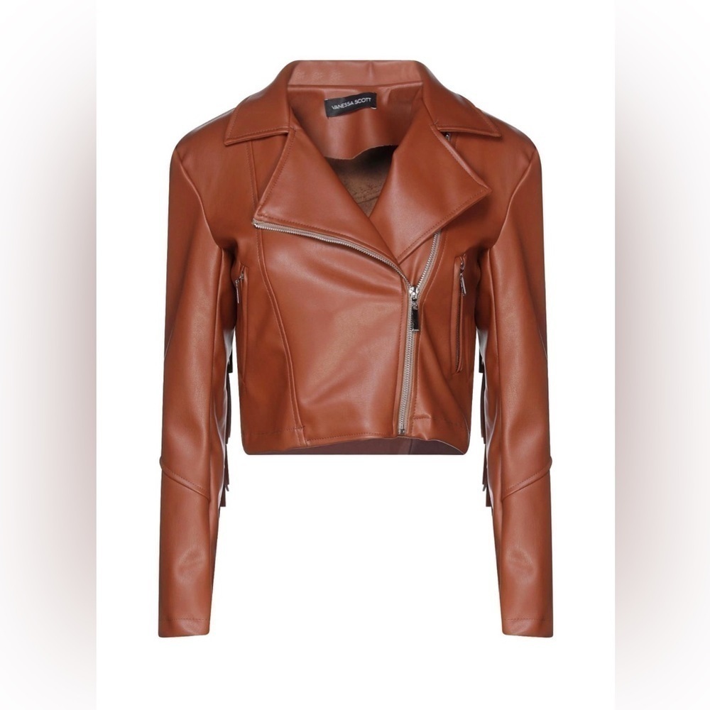 VANESSA SCOTT FAUX LEATHER TASSLE CROPPED JACKET Size: L Rust